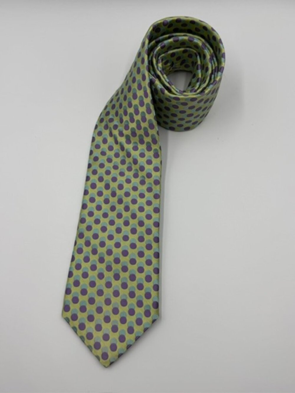 Ted Baker London 100% Silk Tie Hand Tailored Vibrant Green blue purple polka dot